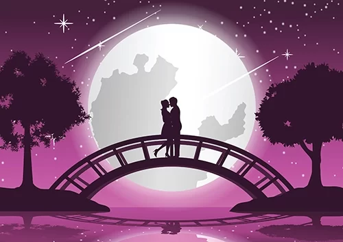 איור של זוג עומדים מחובקים על גשר ומאחוריהם ירח גדול